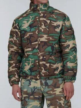 ERL Unisex Green Camo Woven Quilt Collared Puffer Coat Size XL